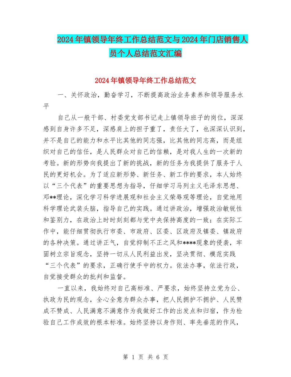 2024年镇领导年终工作总结范文与2024年门店销售人员个人总结范文汇编_第1页