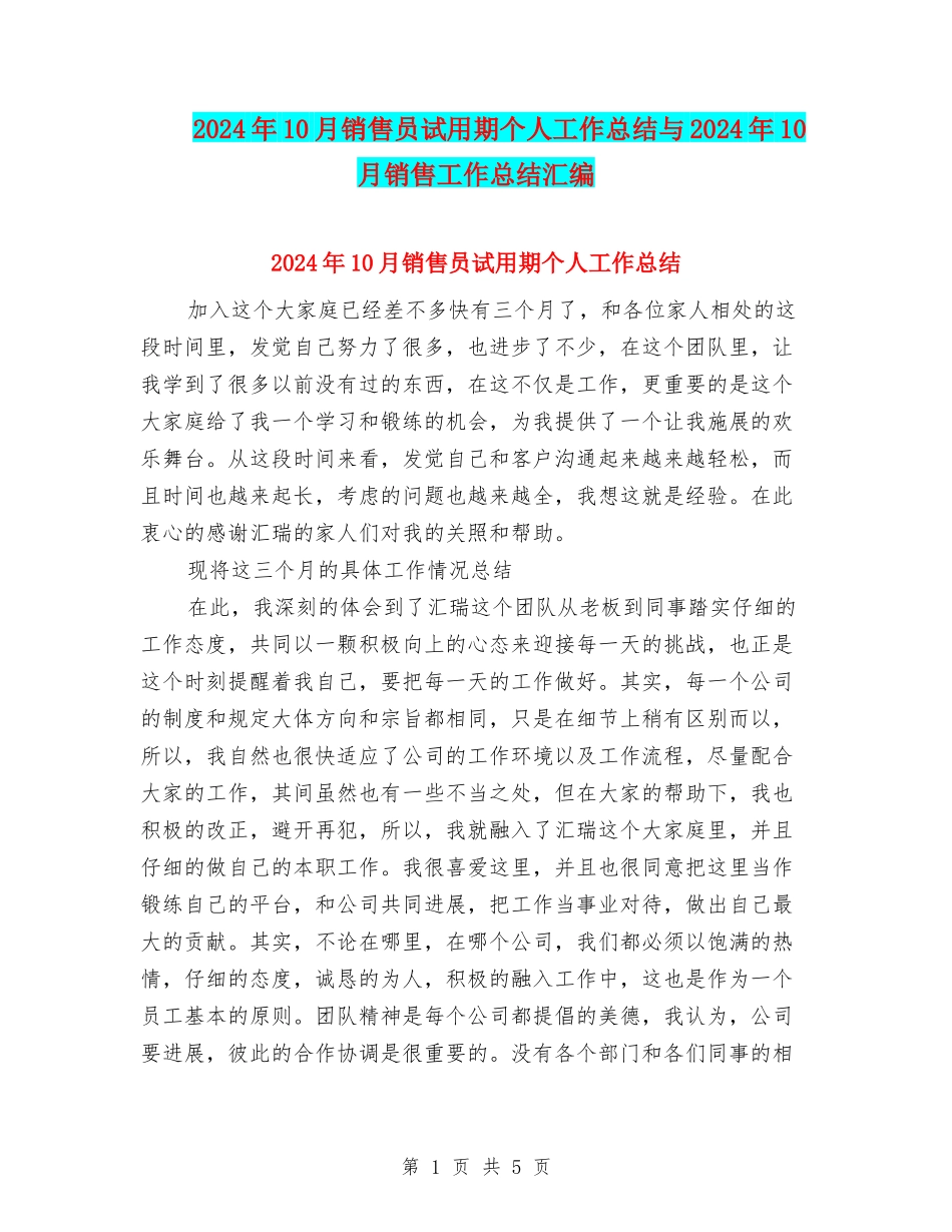 2024年10月销售员试用期个人工作总结与2024年10月销售工作总结汇编_第1页