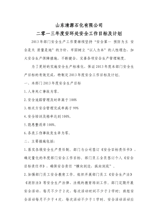 某石化有限公司安全工作目标及计划
