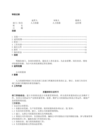 质量部职位说明书