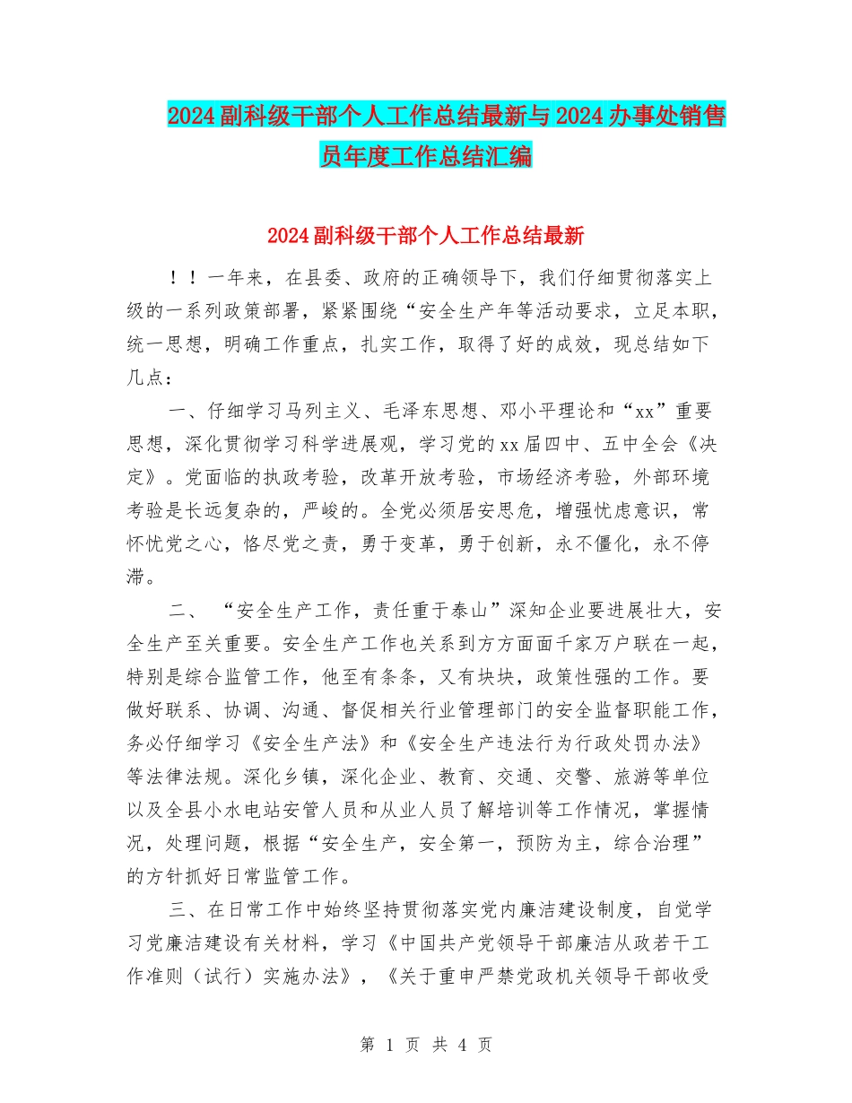 2024副科级干部个人工作总结最新与2024办事处销售员年度工作总结汇编_第1页