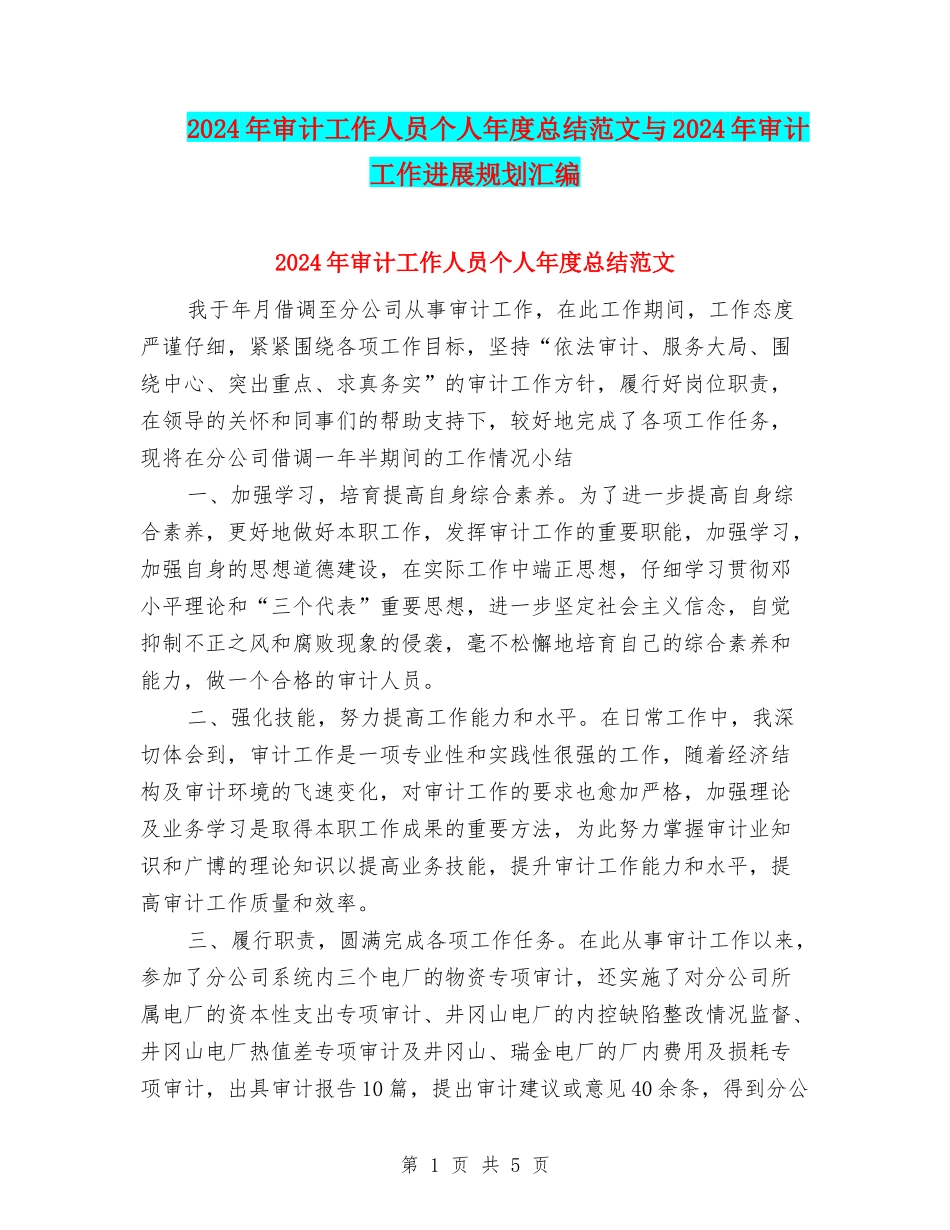 2024年审计工作人员个人年度总结范文与2024年审计工作发展规划汇编_第1页