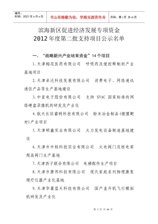 滨海新区促进经济发展专项资金XXXX年度第二批支持项目