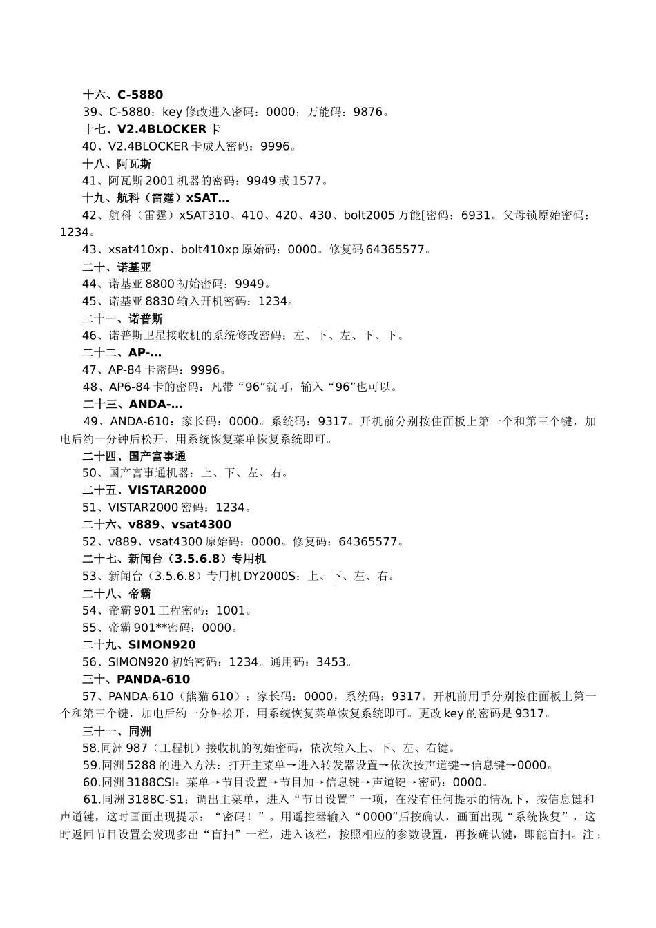 各类卫星电视接收机密码大全_第3页