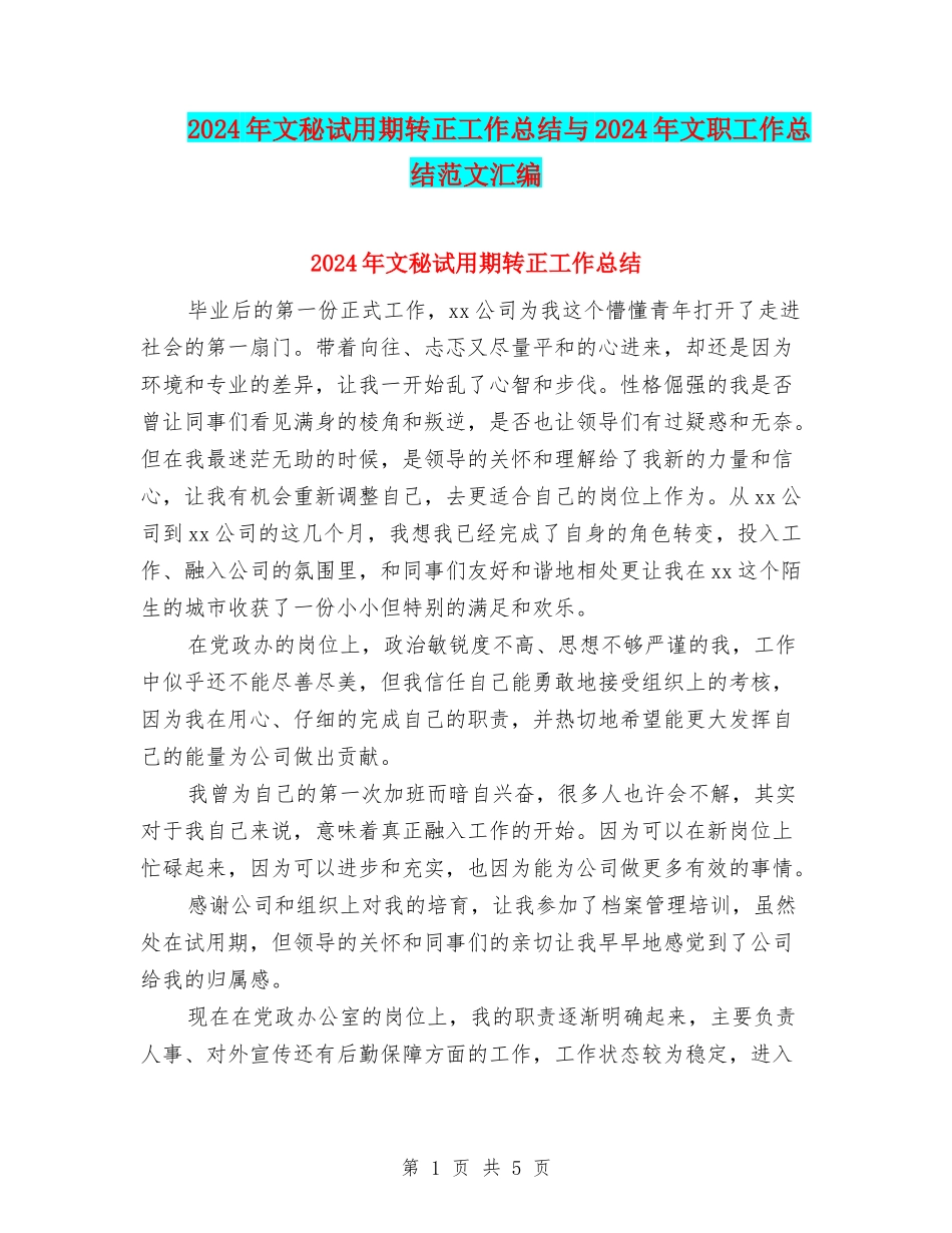 2024年文秘试用期转正工作总结与2024年文职工作总结范文汇编_第1页