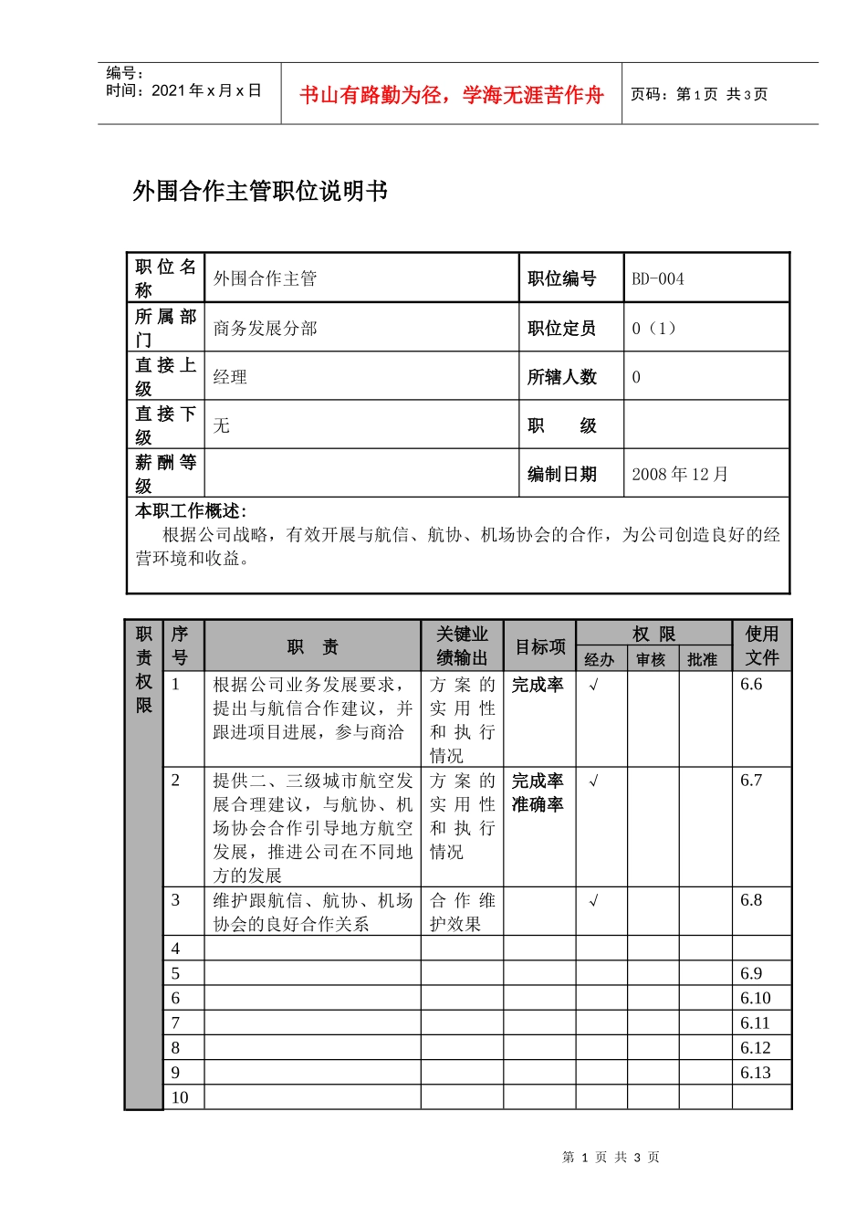物流公司外围合作主管职位说明书及关键绩效标准_第1页