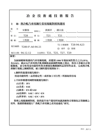 热冷轧汽车用钢片常用规范对照与选用(T280-F