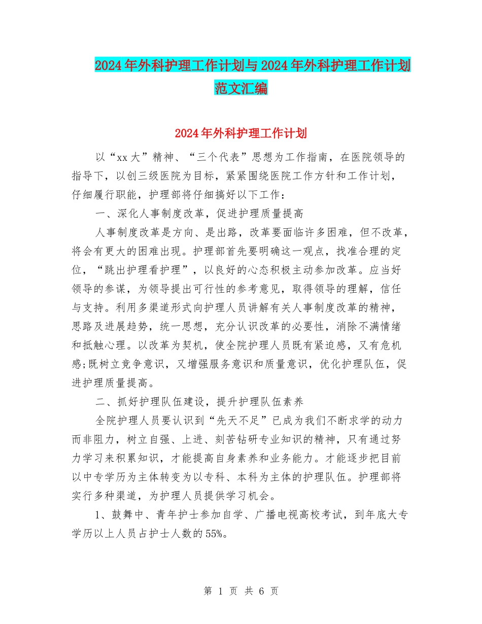 2024年外科护理工作计划与2024年外科护理工作计划范文汇编_第1页