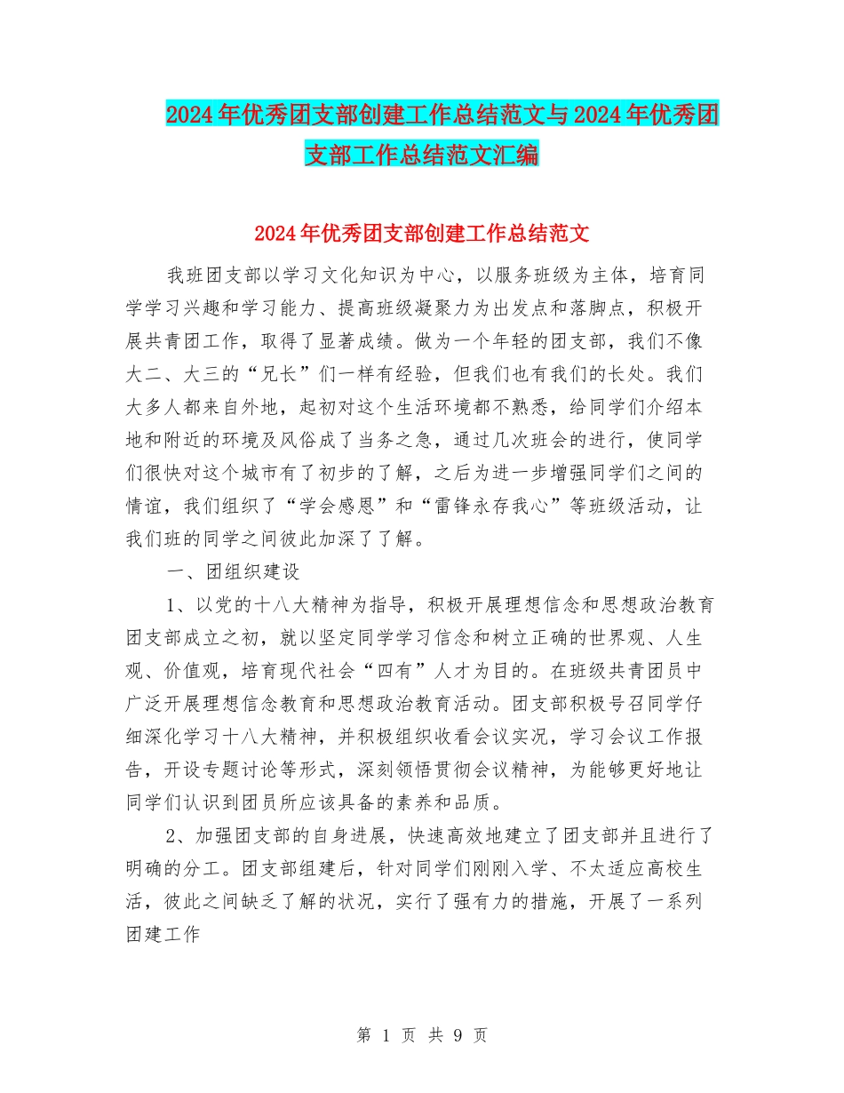 2024年优秀团支部创建工作总结范文与2024年优秀团支部工作总结范文汇编_第1页