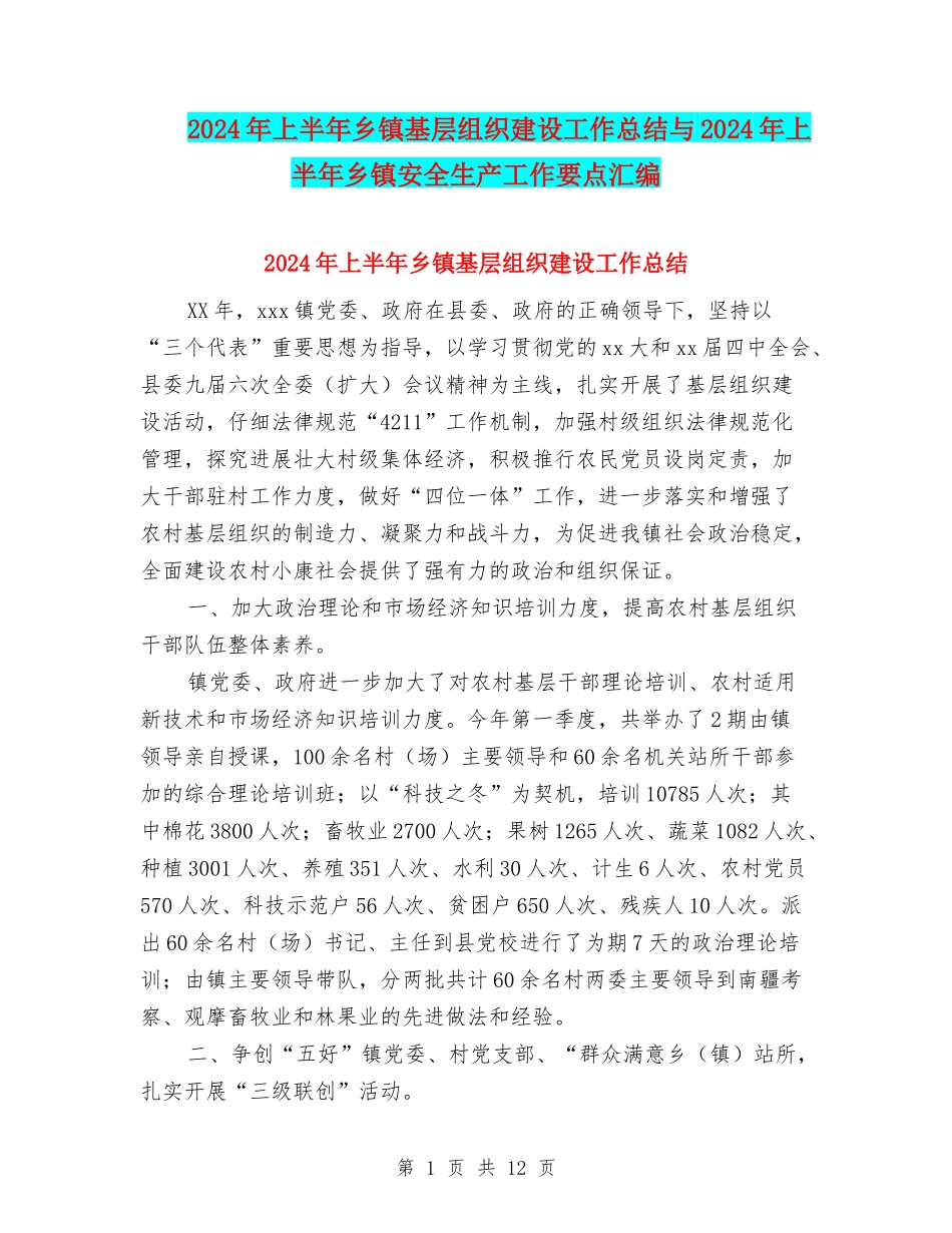 2024年上半年乡镇基层组织建设工作总结与2024年上半年乡镇安全生产工作要点汇编_第1页