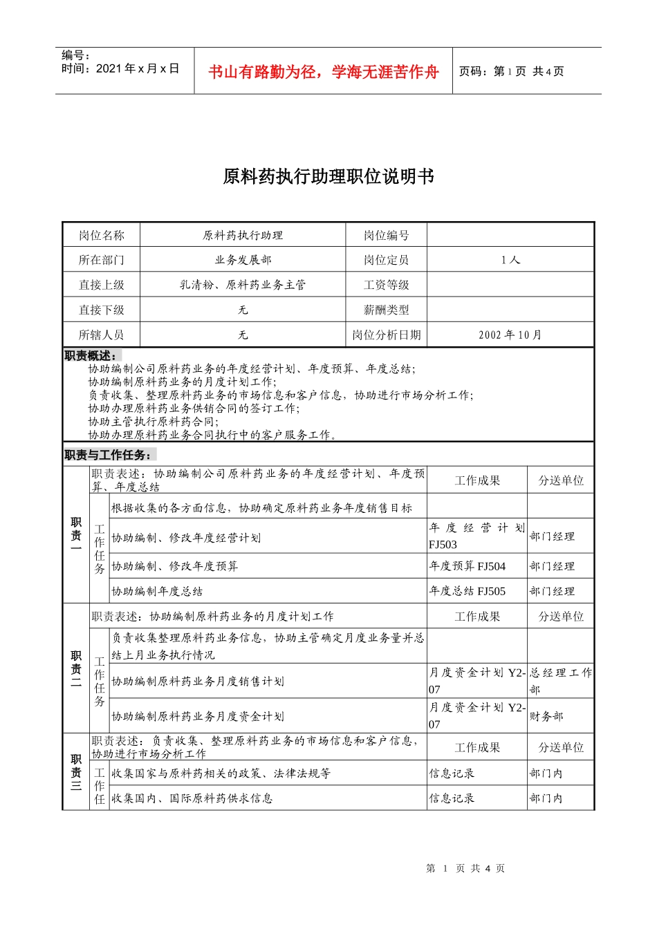 煤炭行业-集团公司-业务发展部-原料药执行助理岗位说明书_第1页