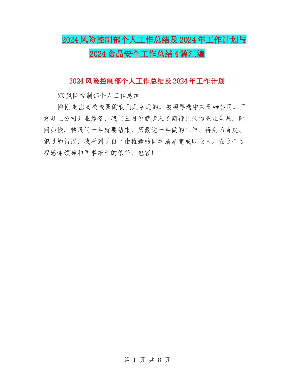 2024风险控制部个人工作总结及2024年工作计划与2024食品安全工作总结4篇汇编_第1页