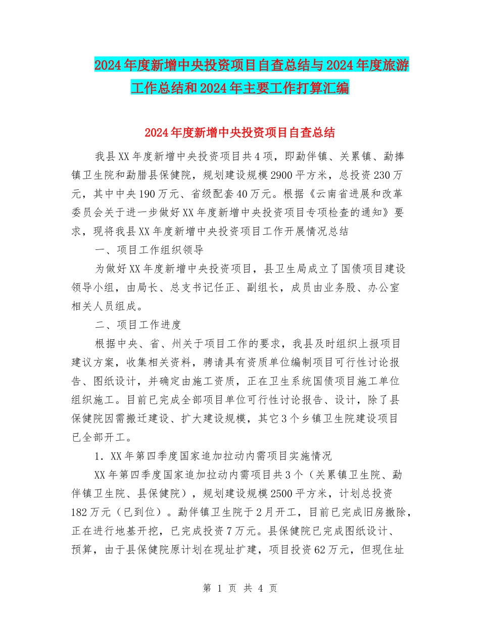 2024年度新增中央投资项目自查总结与2024年度旅游工作总结和2024年主要工作打算汇编_第1页