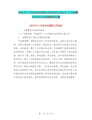 2024年11月份失业保险工作总结与2024年11月份燃气公司工作总结报告汇编