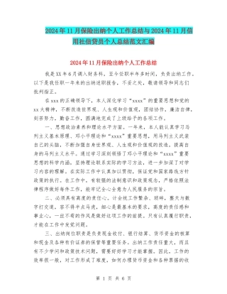 2024年11月保险出纳个人工作总结与2024年11月信用社信贷员个人总结范文汇编