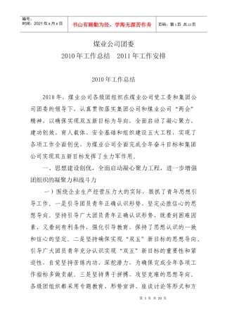 煤业公司XXXX年工作总结XXXX年工作意见