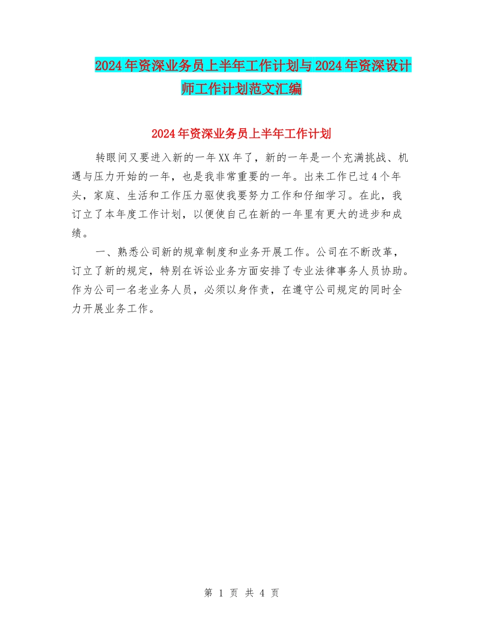 2024年资深业务员上半年工作计划与2024年资深设计师工作计划范文汇编_第1页