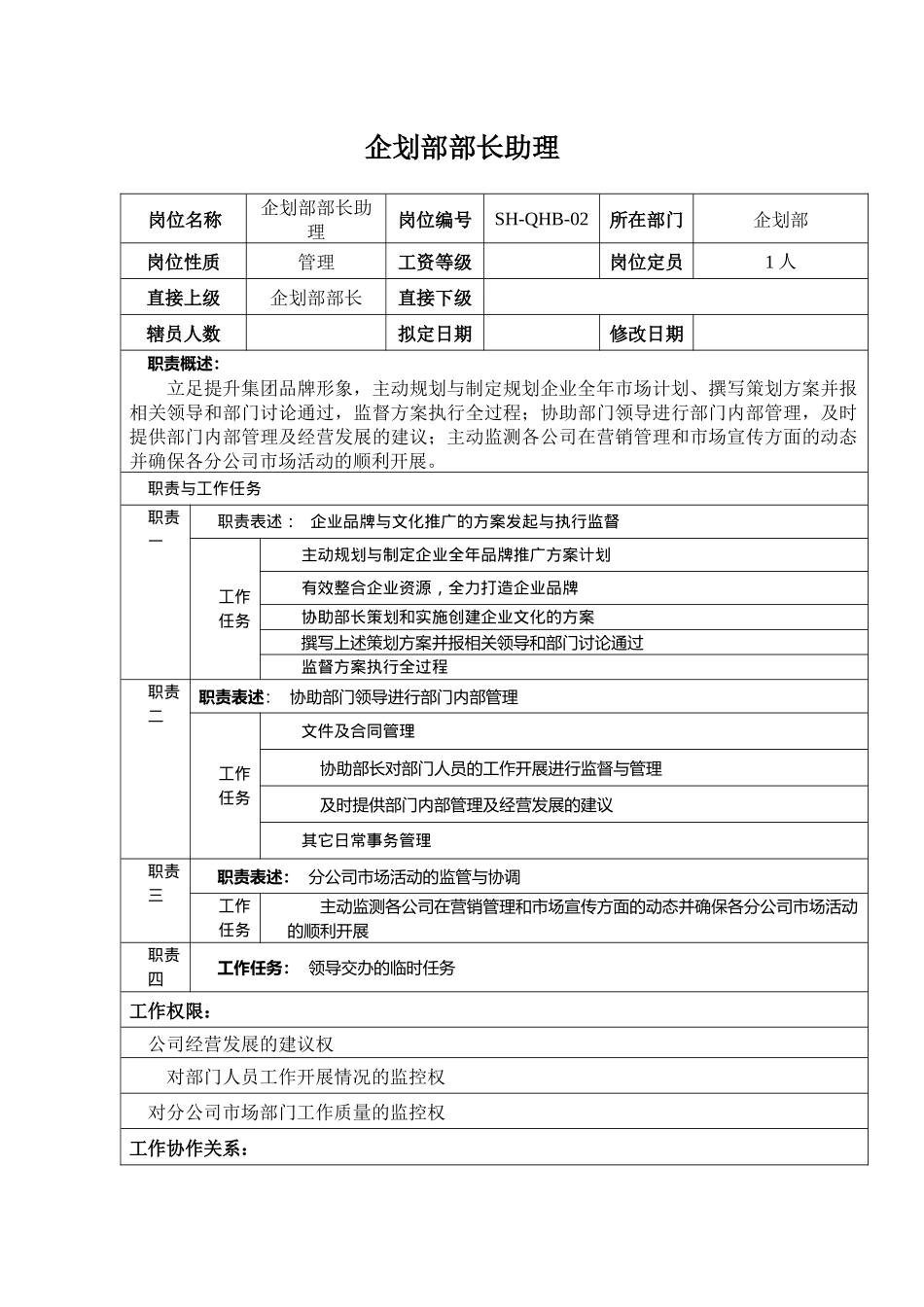 某汽车集团企划部部长助理岗位说明书_第1页