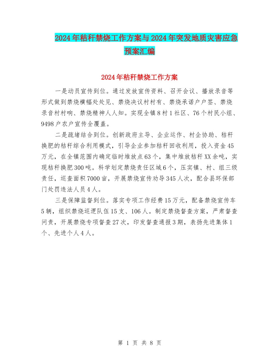 2024年秸秆禁烧工作方案与2024年突发地质灾害应急预案汇编_第1页