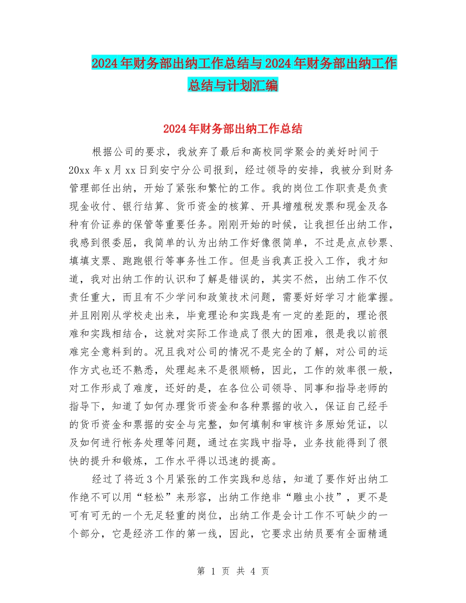 2024年财务部出纳工作总结与2024年财务部出纳工作总结与计划汇编_第1页