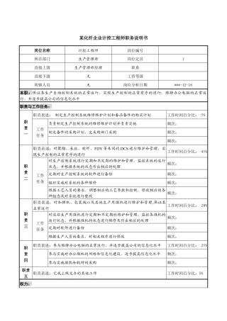 某化纤企业计控工程师职务说明书