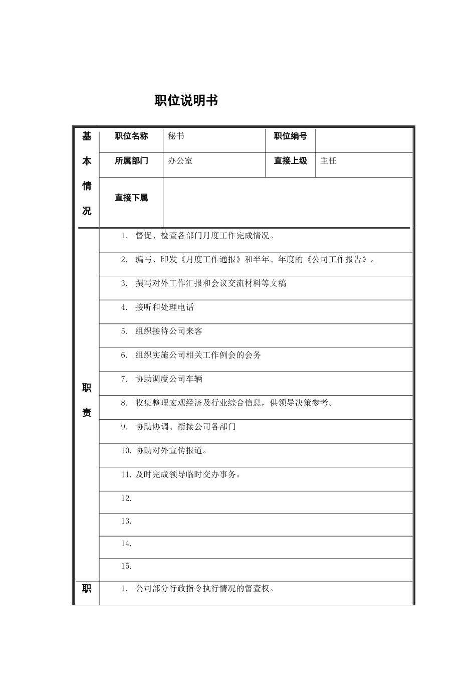 文职秘书类（行业通用）-秘书职位说明书_第1页