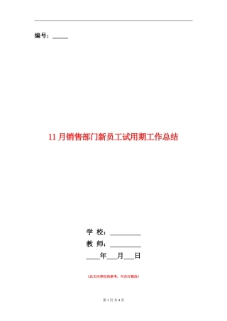 11月销售部门新员工试用期工作总结