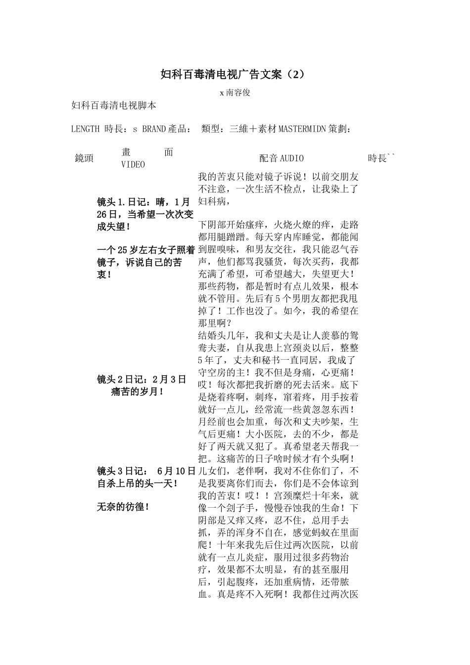 妇科百毒清电视广告文案_第1页