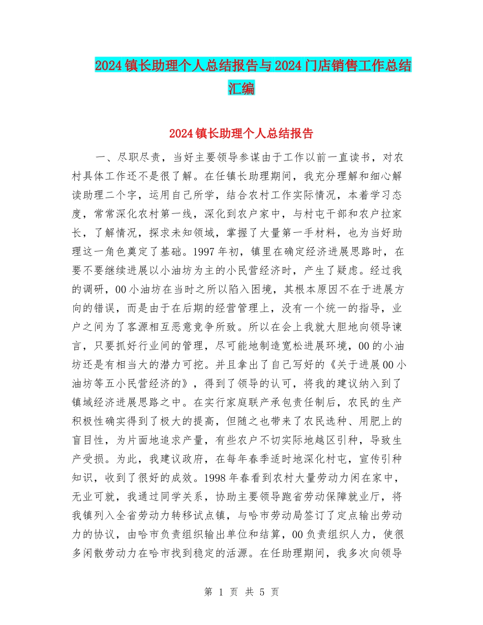 2024镇长助理个人总结报告与2024门店销售工作总结汇编_第1页