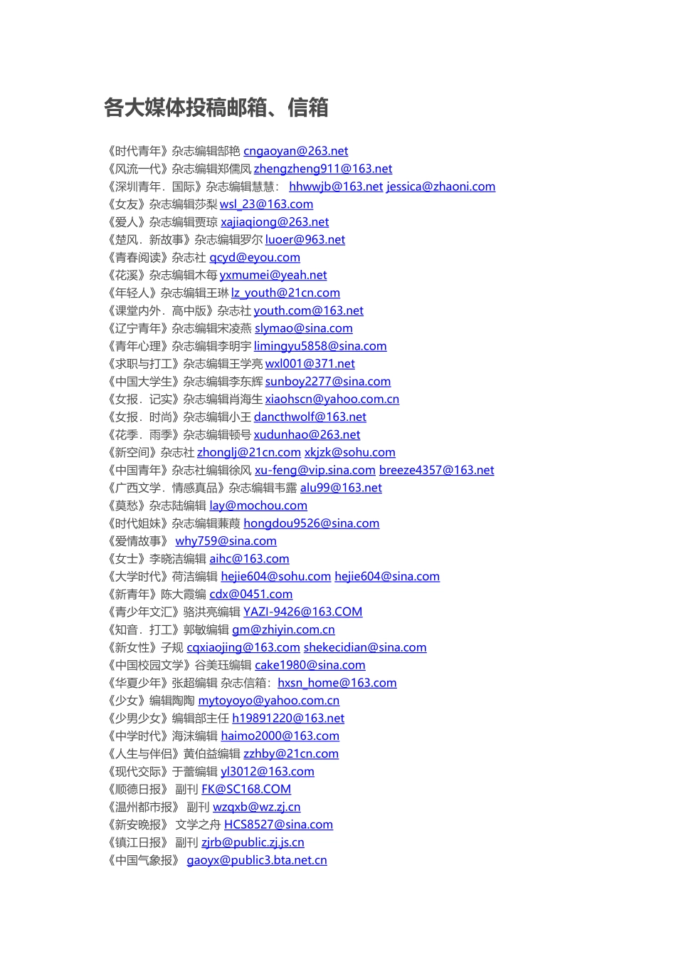 各大媒体杂志投稿邮箱_第1页