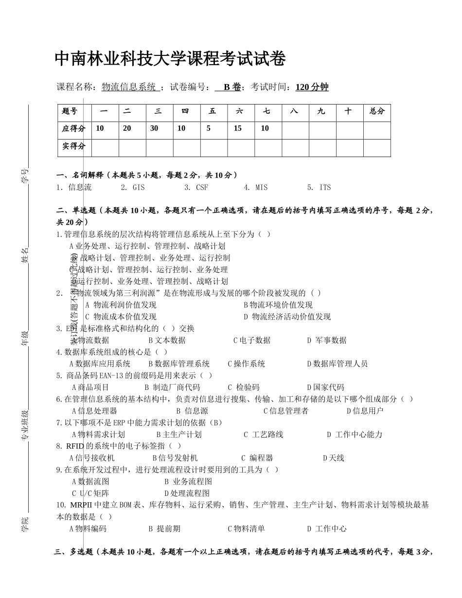 物流信息系统考试试卷_第1页
