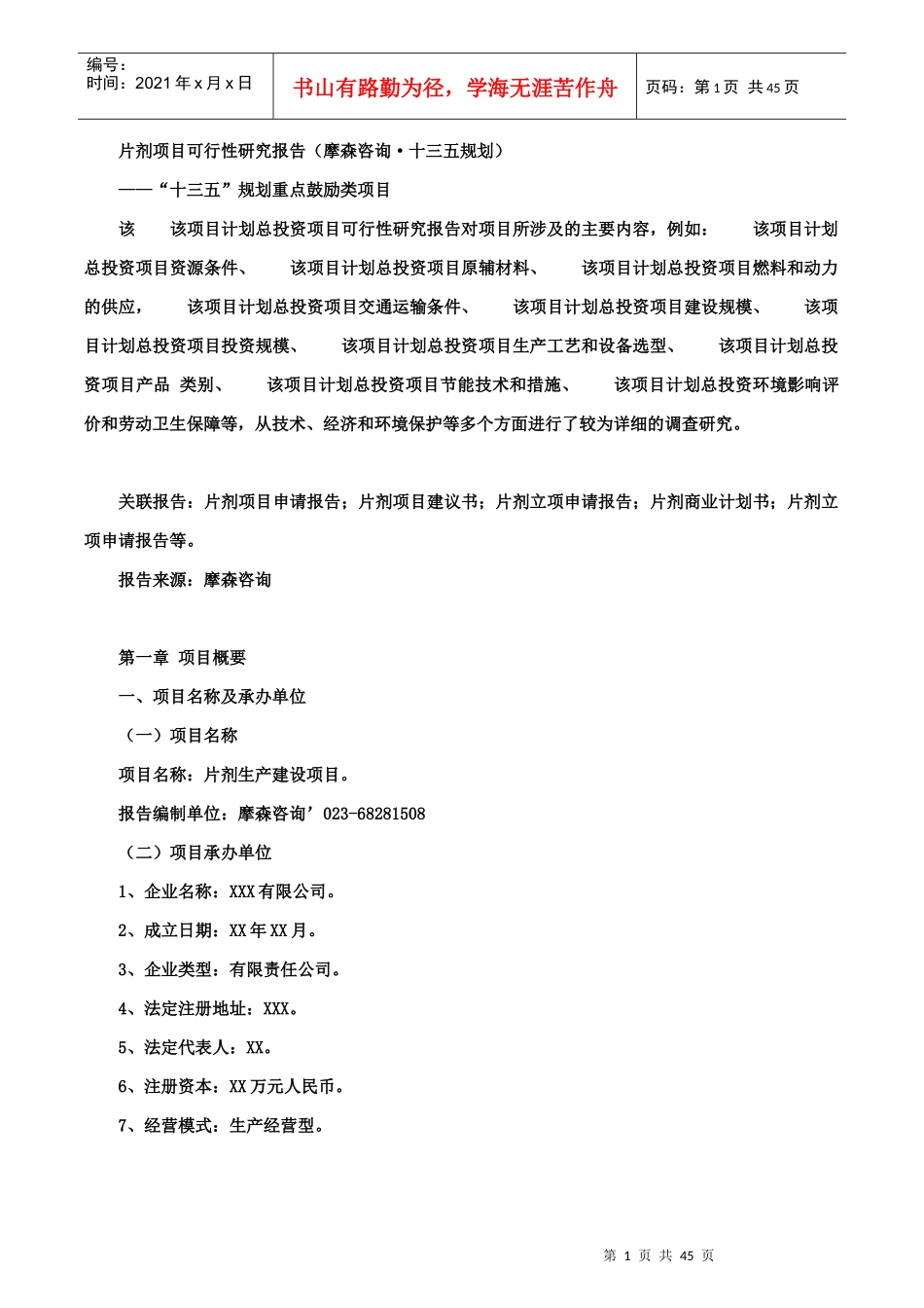 片剂项目可行性研究报告(摩森咨询·十三五规划)_第1页