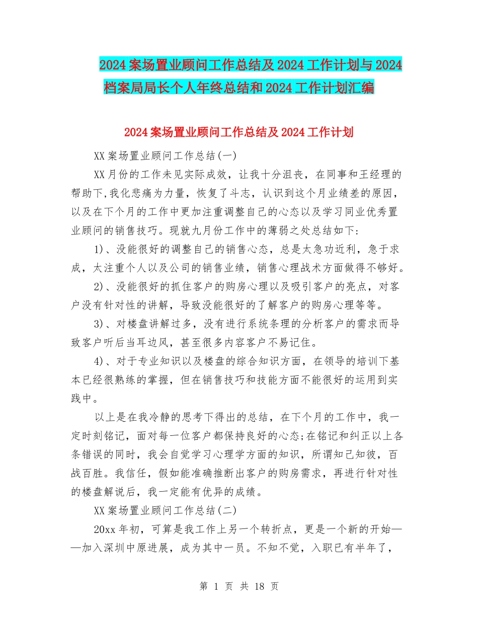 2024案场置业顾问工作总结及2024工作计划与2024档案局局长个人年终总结和2024工作计划汇编_第1页