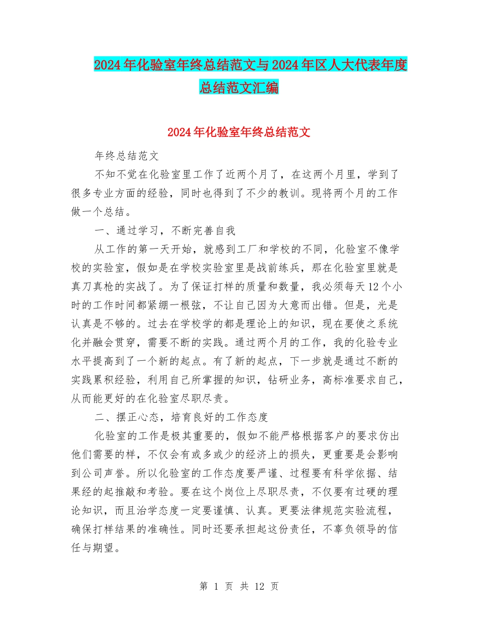 2024年化验室年终总结范文与2024年区人大代表年度总结范文汇编_第1页
