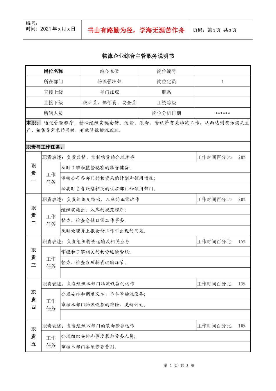 物流企业综合主管职务说明书_第1页