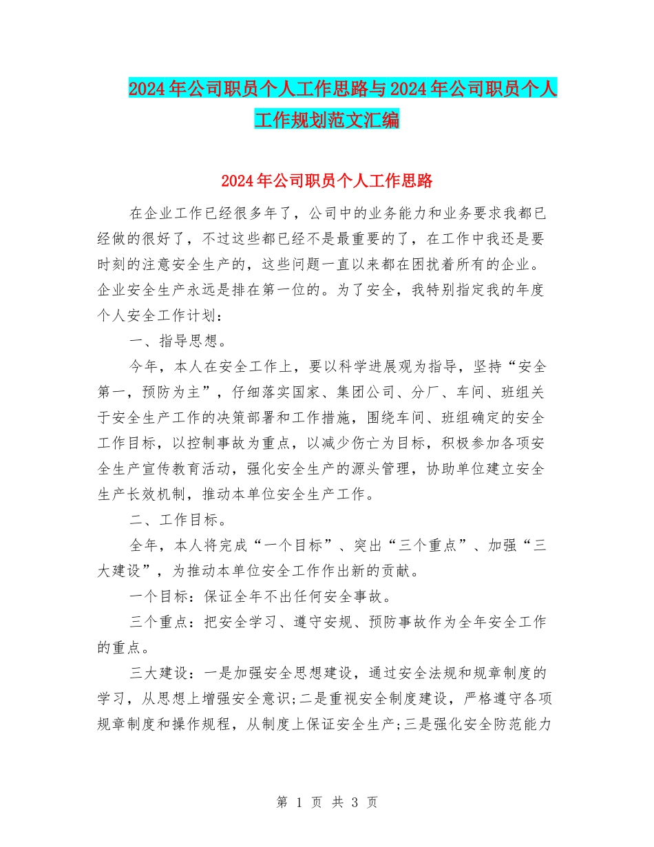 2024年公司职员个人工作思路与2024年公司职员个人工作规划范文汇编_第1页