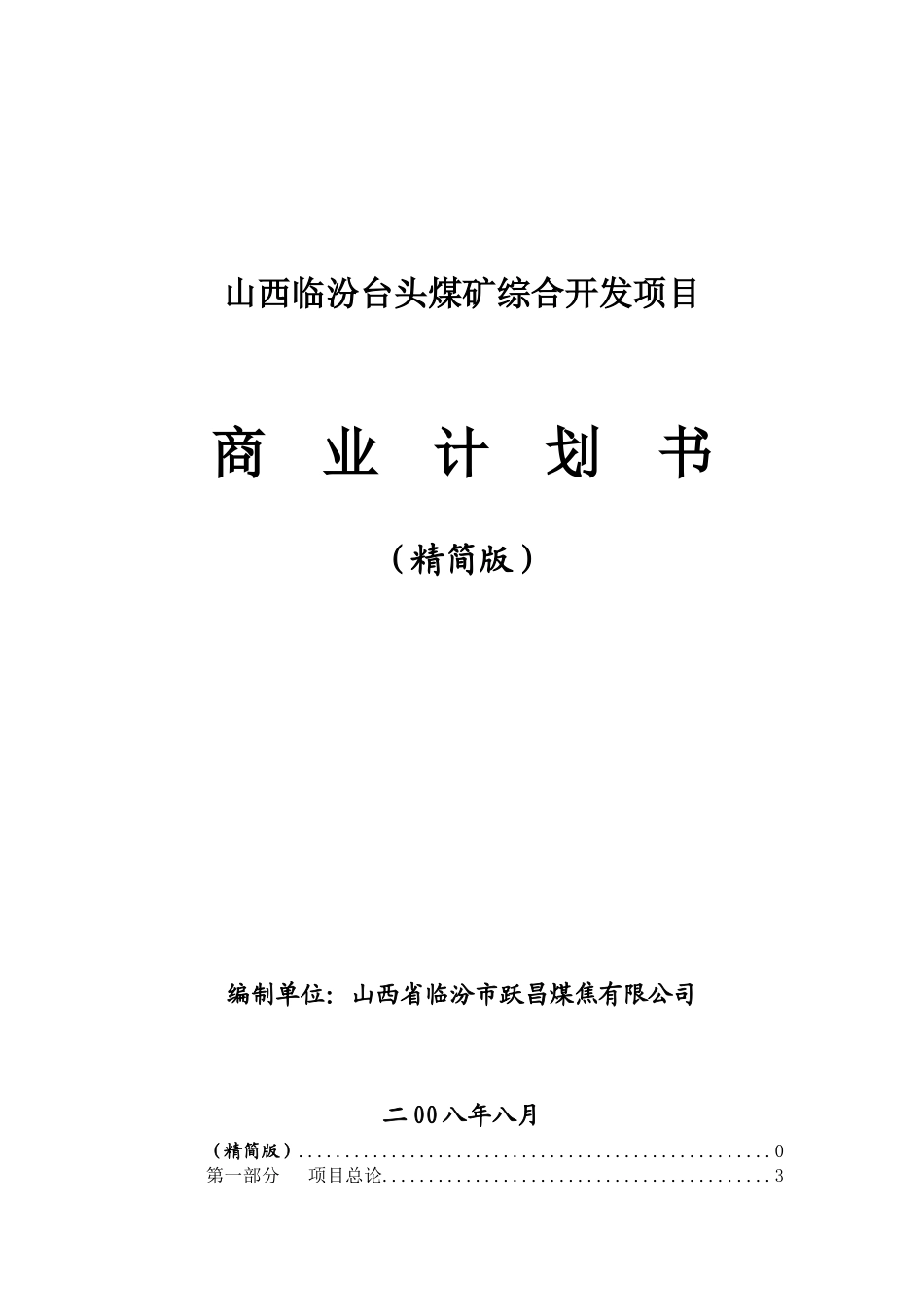 煤矿综合开发项目商业计划书_第1页