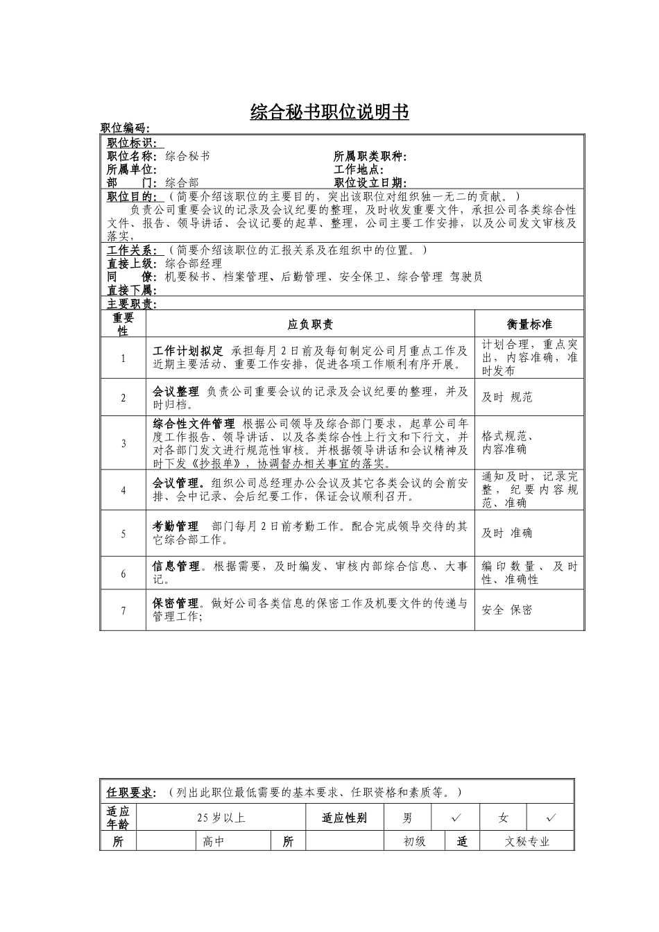 综合秘书岗位说明书_第1页