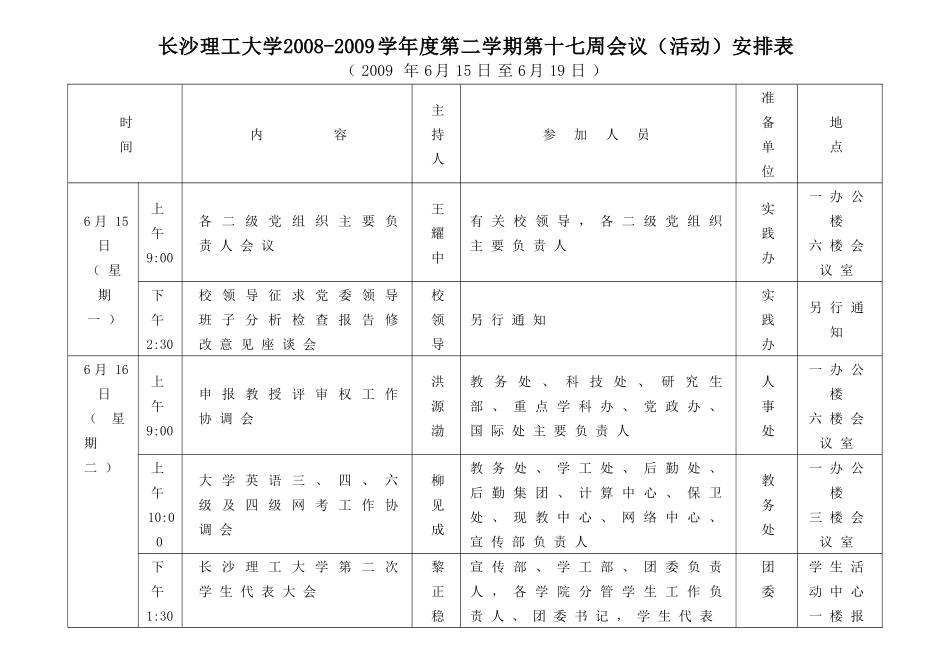 长沙理工大学第十五周会议（活动）安排表_第1页