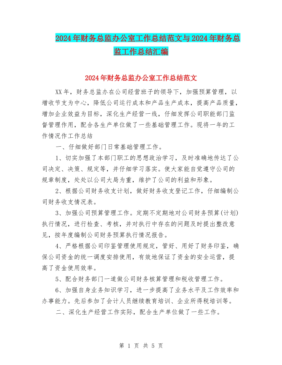 2024年财务总监办公室工作总结范文与2024年财务总监工作总结汇编_第1页