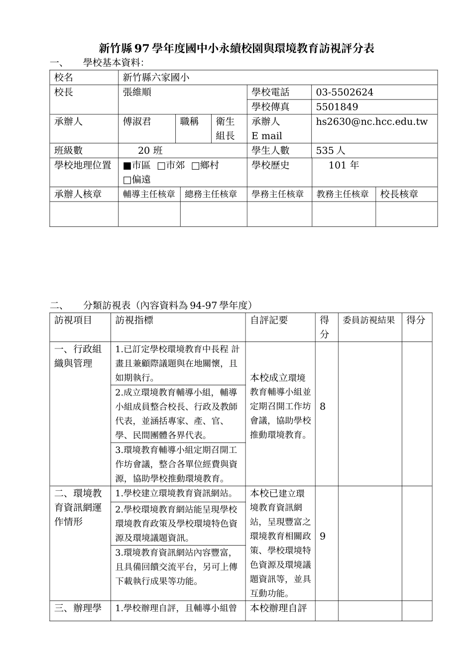 新竹县97学年度国中小永续校园与环境教育访视评分表_第1页