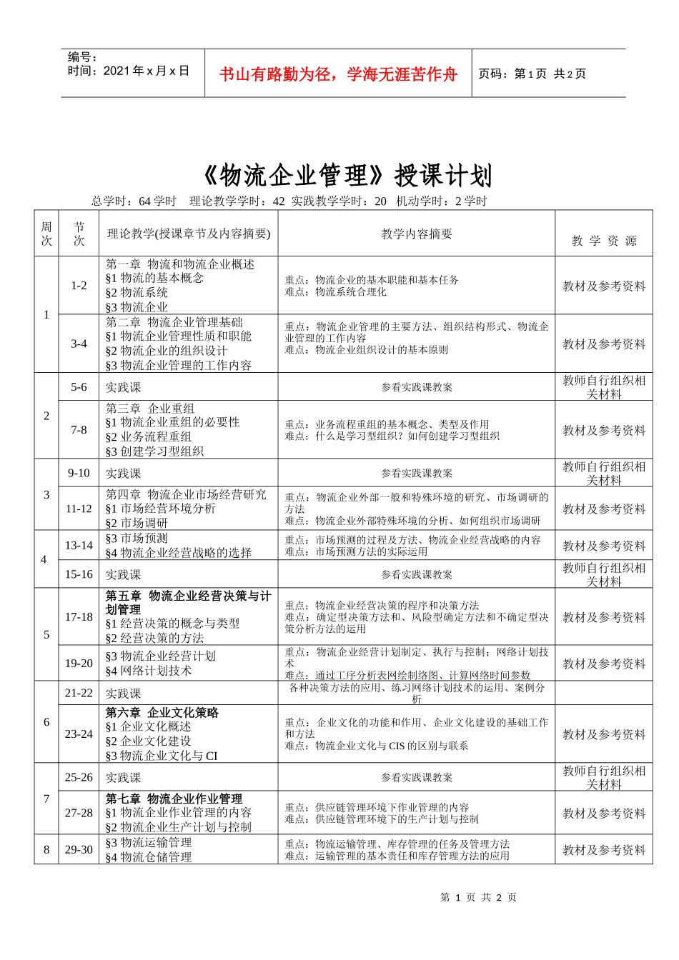 物流企业管理授课计划_第1页