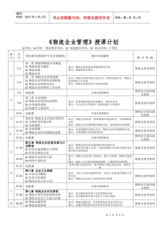 物流企业管理授课计划