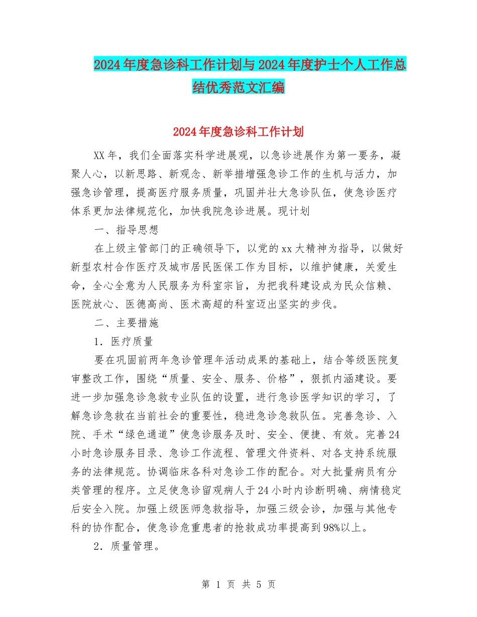 2024年度急诊科工作计划与2024年度护士个人工作总结优秀范文汇编_第1页