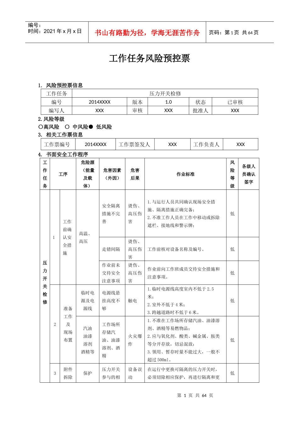 热控工作任务风险预控票_第1页