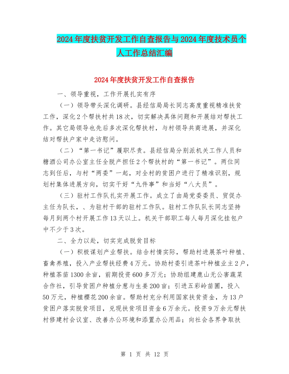 2024年度扶贫开发工作自查报告与2024年度技术员个人工作总结汇编_第1页