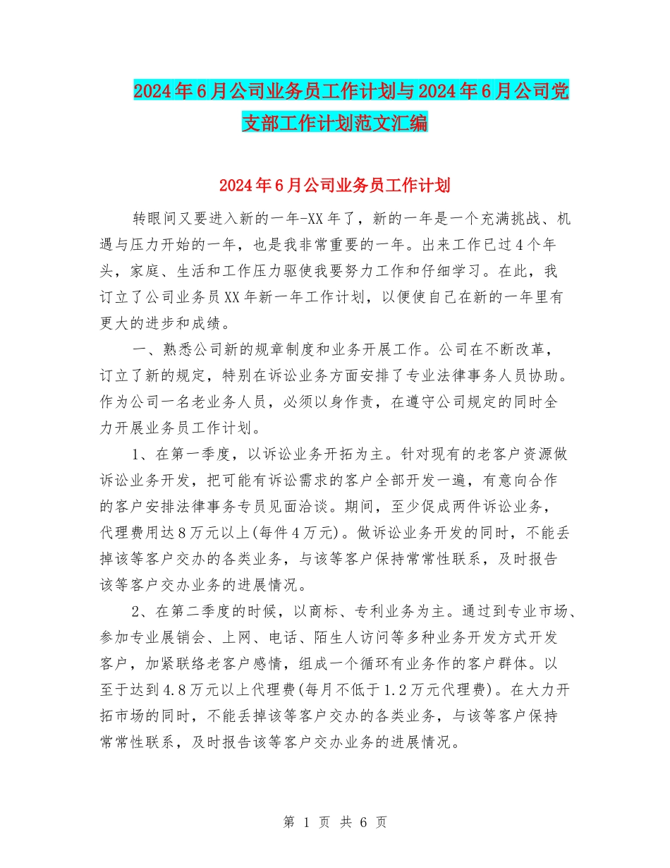 2024年6月公司业务员工作计划与2024年6月公司党支部工作计划范文汇编_第1页