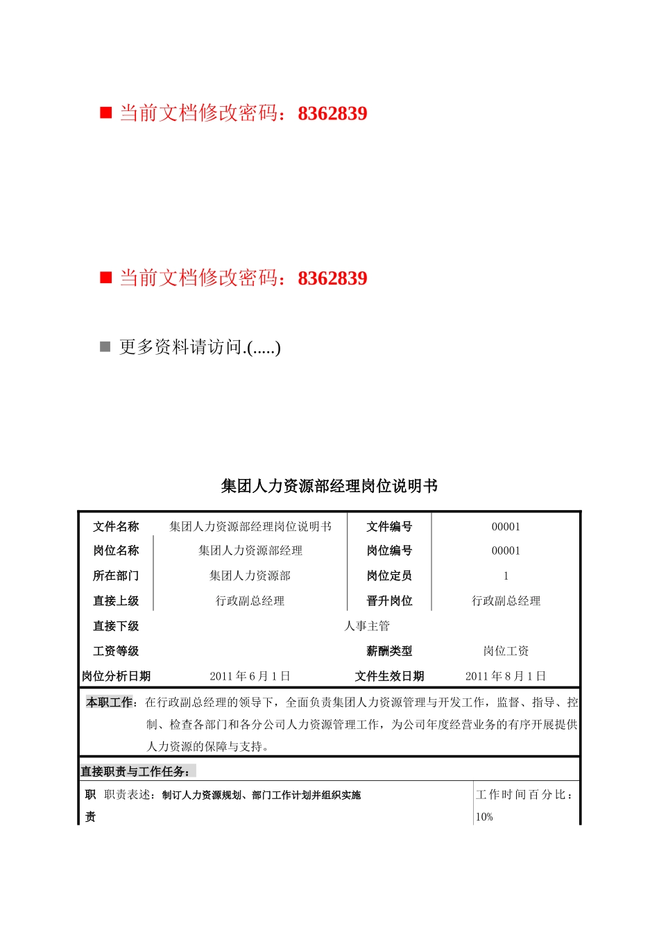 某集团人力资源部经理岗位说明书_第1页