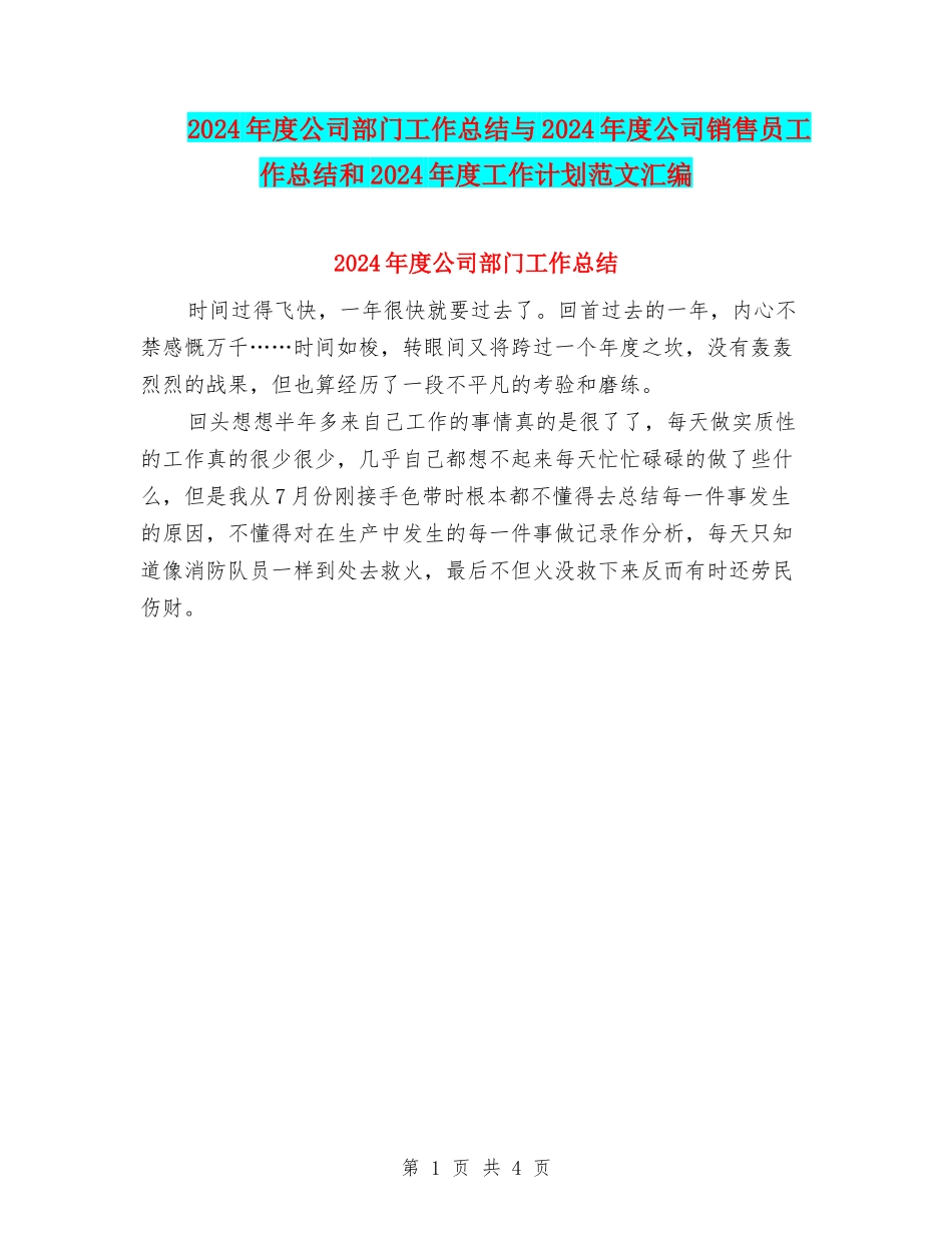 2024年度公司部门工作总结与2024年度公司销售员工作总结和2024年度工作计划范文汇编_第1页