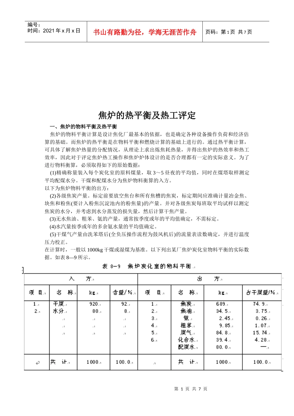 焦炉的热平衡与热工评定_第1页